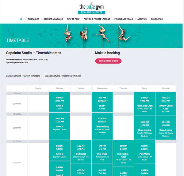 The Pole Gym website timetable